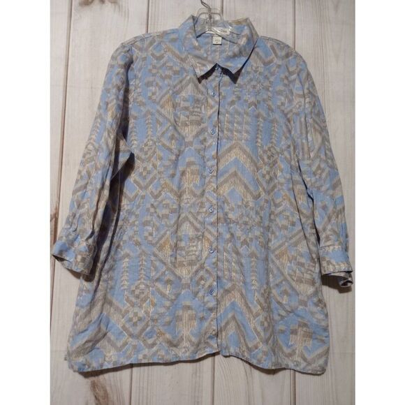 Coldwater Creek Shirt Ladies Extra Large Blue Aztec 3/4 Sleeve 100% Linen Button - Picture 1 of 7